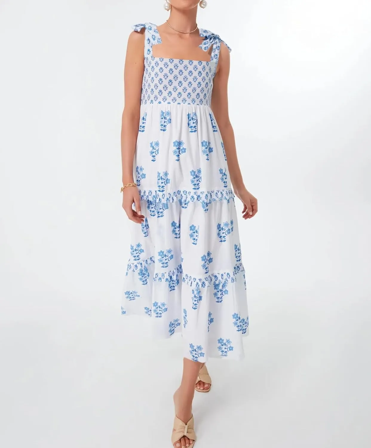 Women Summer Boho Tie Shoulder Dress Y2k Floral Smocked Flowy Long Dress Ruffle Tiered Beach Vocation Sundress
