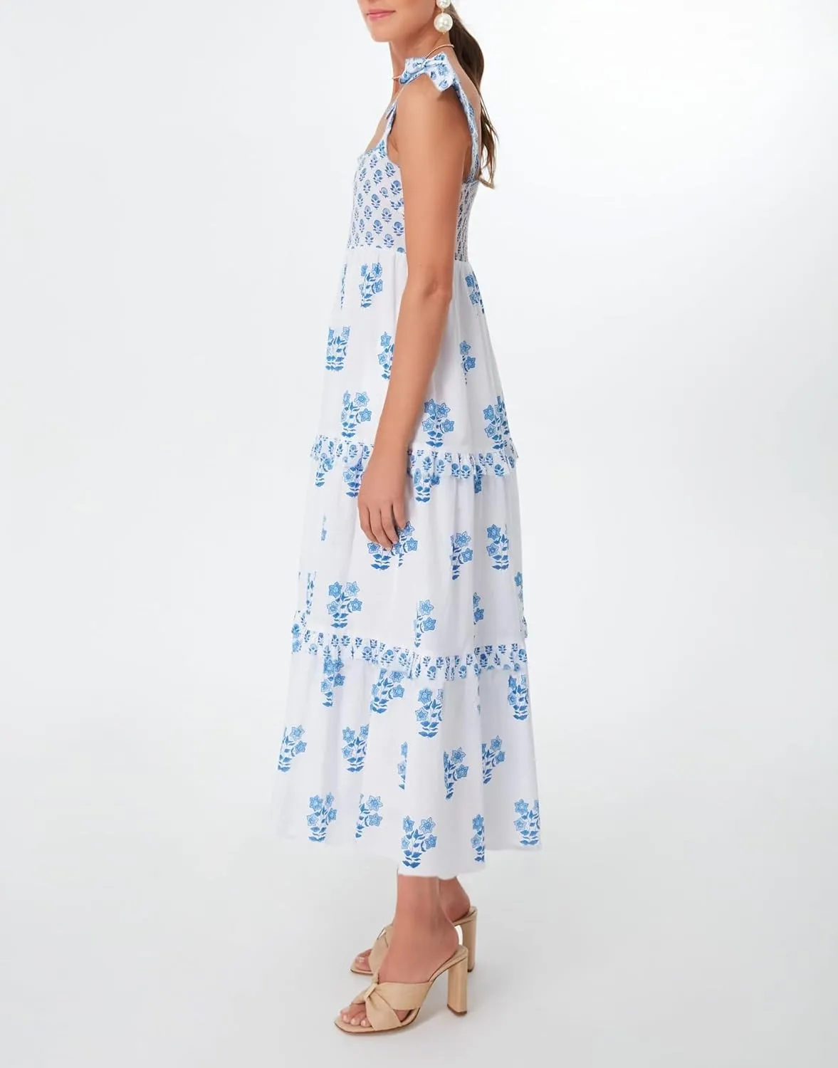 Women Summer Boho Tie Shoulder Dress Y2k Floral Smocked Flowy Long Dress Ruffle Tiered Beach Vocation Sundress