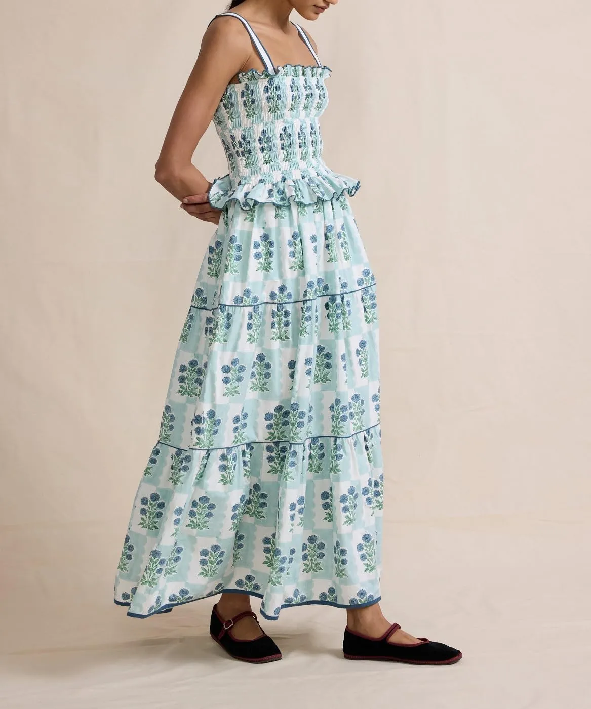 Women Summer Boho Tie Shoulder Dress Y2k Floral Smocked Flowy Long Dress Ruffle Tiered Beach Vocation Sundress