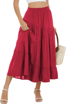Women Summer Maxi Pleated Tiered Flowy High Waist A Line Beach Vacation Casual Long Skirt