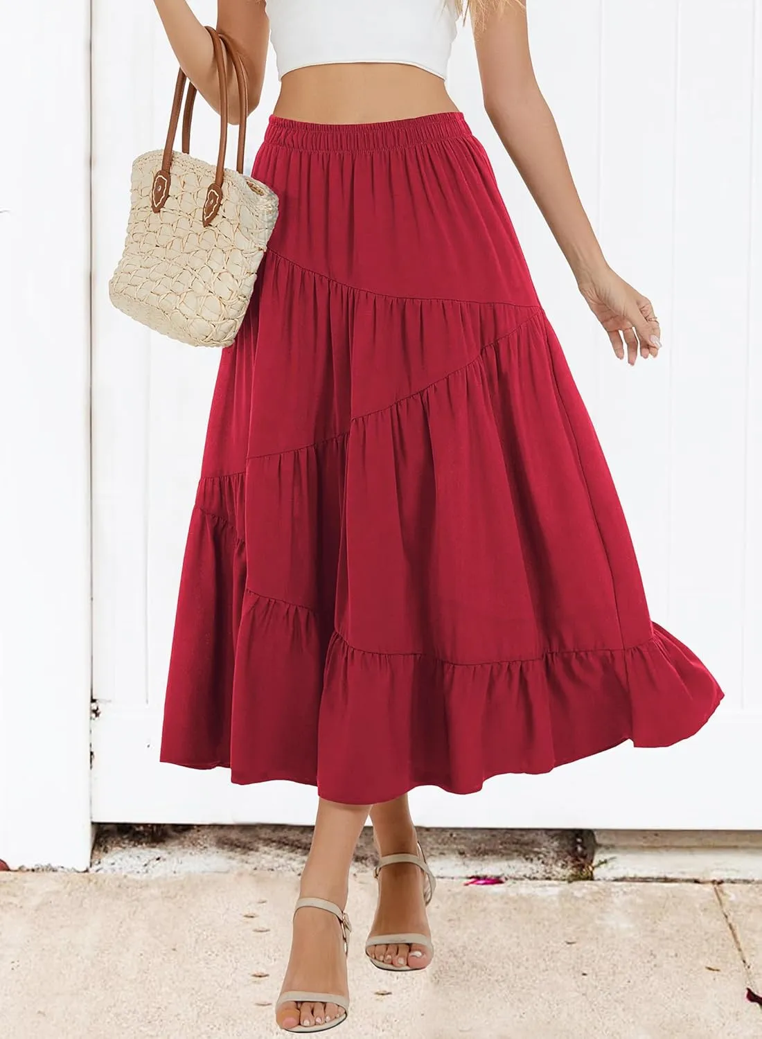 Women Summer Maxi Pleated Tiered Flowy High Waist A Line Beach Vacation Casual Long Skirt