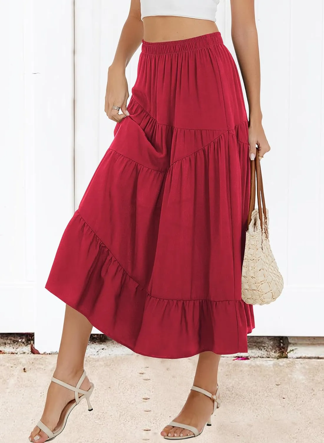Women Summer Maxi Pleated Tiered Flowy High Waist A Line Beach Vacation Casual Long Skirt