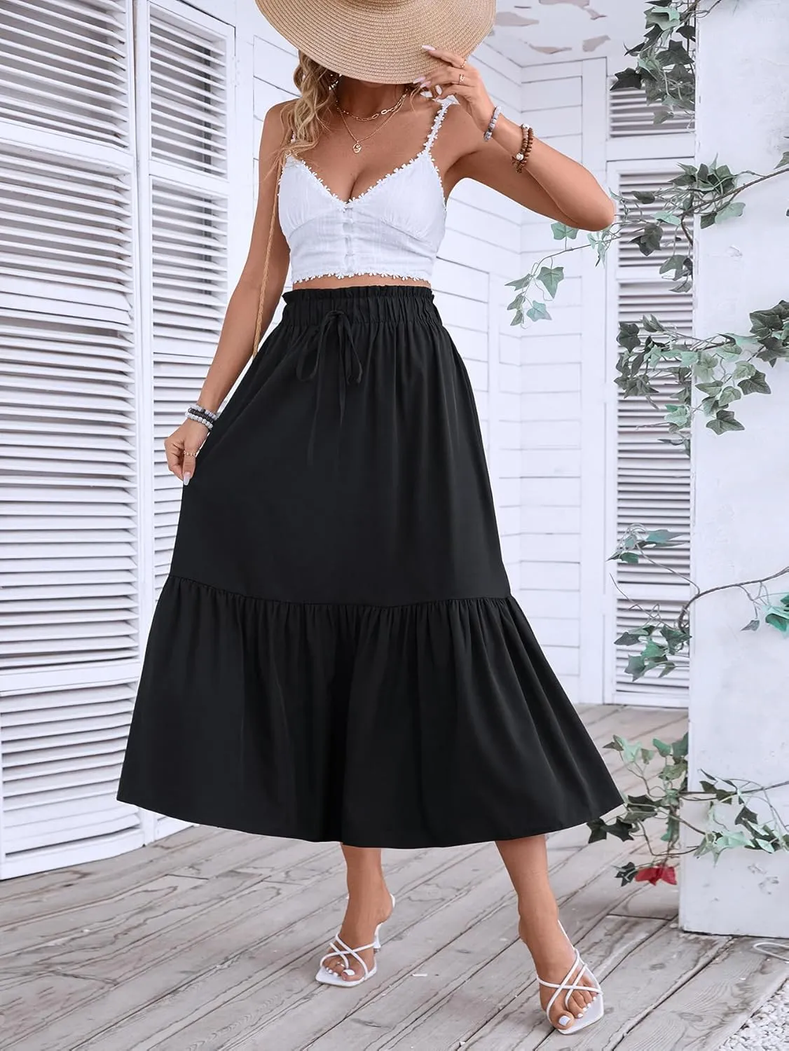 Women's 2025 Summer Boho Maxi Skirt Elastic Waisted A-line Flowy Ruffle Tiered Long Skirts