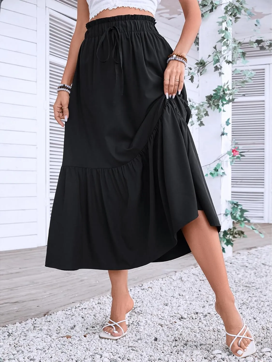 Women's 2025 Summer Boho Maxi Skirt Elastic Waisted A-line Flowy Ruffle Tiered Long Skirts