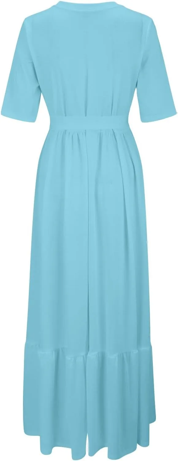 Women's Dresses Casual Summer Tiered Midi Dress Short Sleeve Belted Ruffle Babydoll Boho Sundress with Pockets
