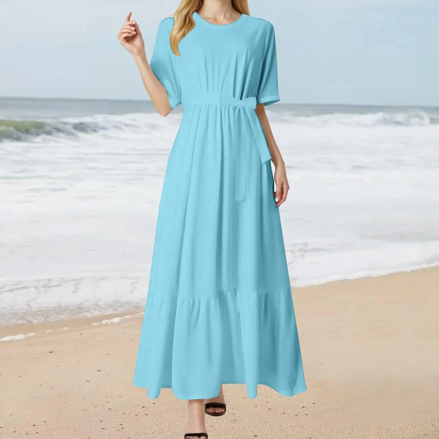 Women's Dresses Casual Summer Tiered Midi Dress Short Sleeve Belted Ruffle Babydoll Boho Sundress with Pockets