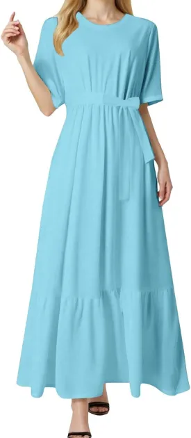 Women's Dresses Casual Summer Tiered Midi Dress Short Sleeve Belted Ruffle Babydoll Boho Sundress with Pockets