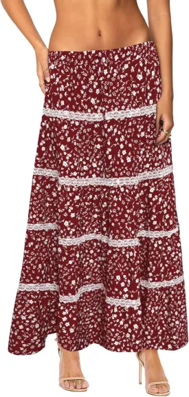 Women's Elastic High Waist Flowy Long Maxi Skirt Lace Crochet Summer Print Pleated Tiered Skirts