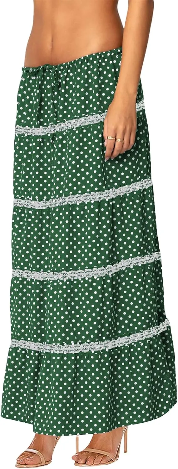 Women's Elastic High Waist Flowy Long Maxi Skirt Lace Crochet Summer Print Pleated Tiered Skirts