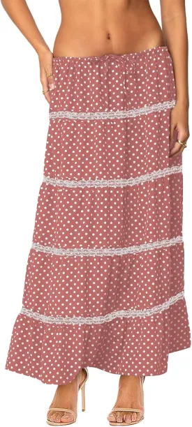 Women's Elastic High Waist Flowy Long Maxi Skirt Lace Crochet Summer Print Pleated Tiered Skirts