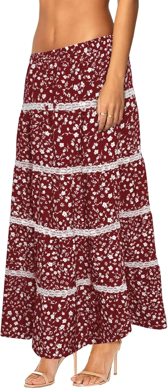 Women's Elastic High Waist Flowy Long Maxi Skirt Lace Crochet Summer Print Pleated Tiered Skirts