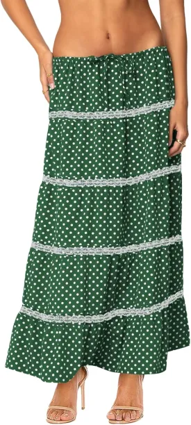 Women's Elastic High Waist Flowy Long Maxi Skirt Lace Crochet Summer Print Pleated Tiered Skirts