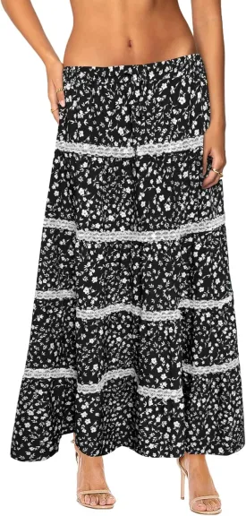 Women's Elastic High Waist Flowy Long Maxi Skirt Lace Crochet Summer Print Pleated Tiered Skirts