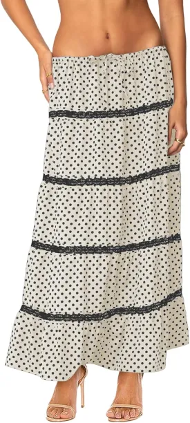 Women's Elastic High Waist Flowy Long Maxi Skirt Lace Crochet Summer Print Pleated Tiered Skirts
