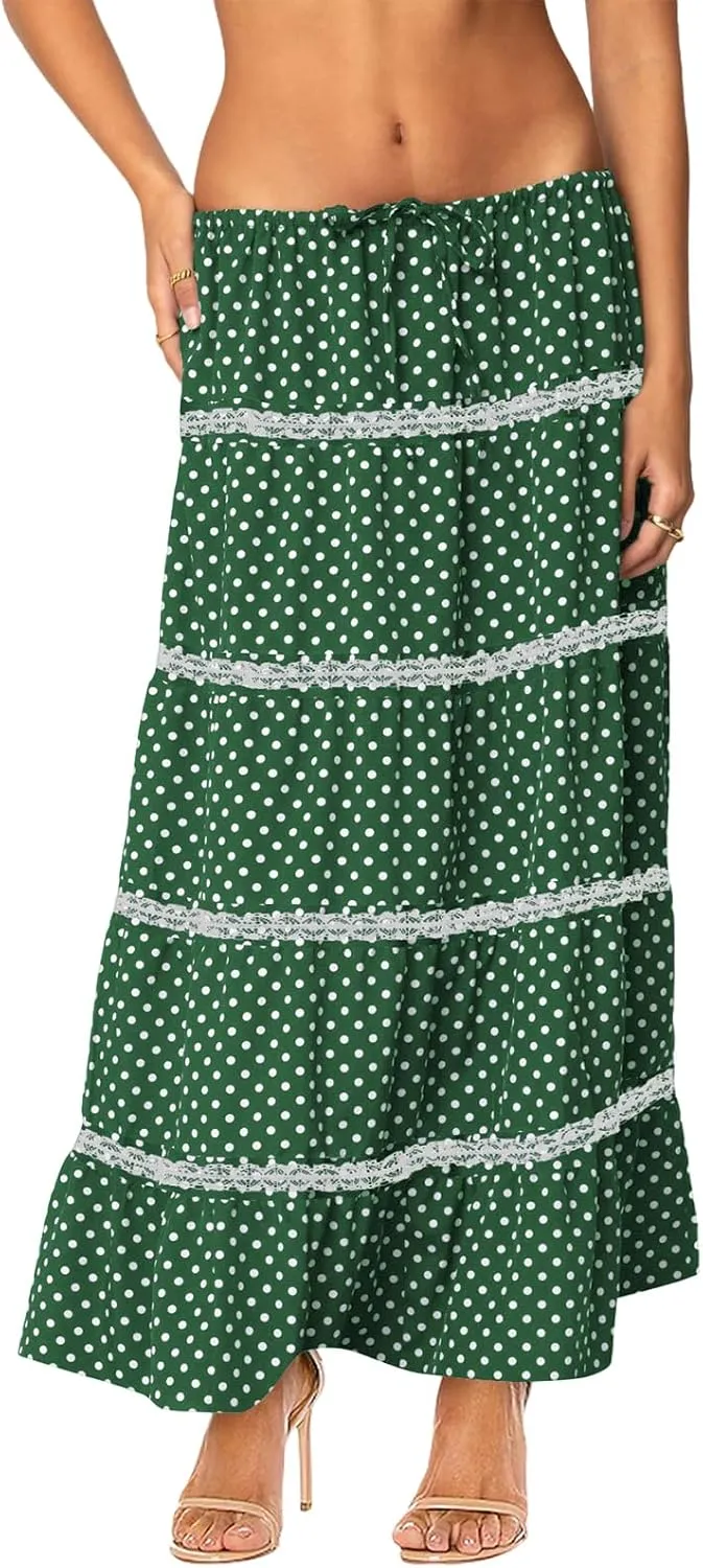 Women's Elastic High Waist Flowy Long Maxi Skirt Lace Crochet Summer Print Pleated Tiered Skirts