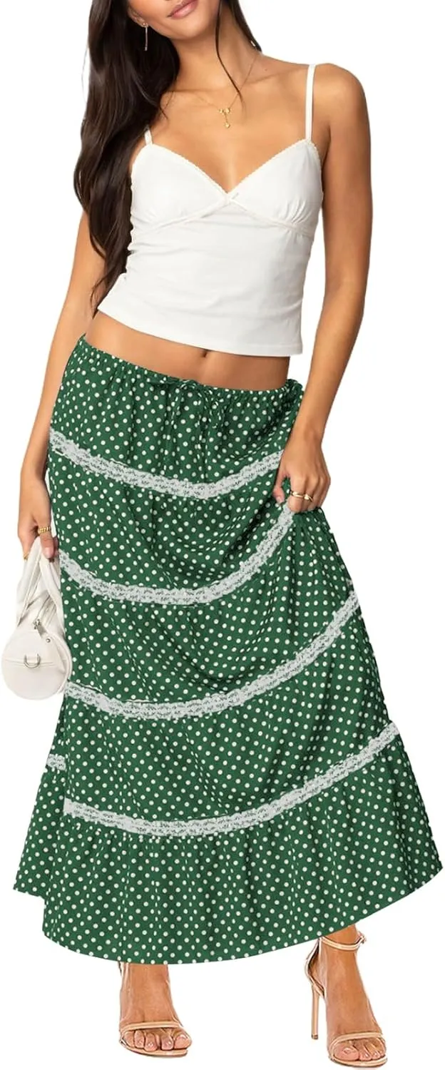 Women's Elastic High Waist Flowy Long Maxi Skirt Lace Crochet Summer Print Pleated Tiered Skirts