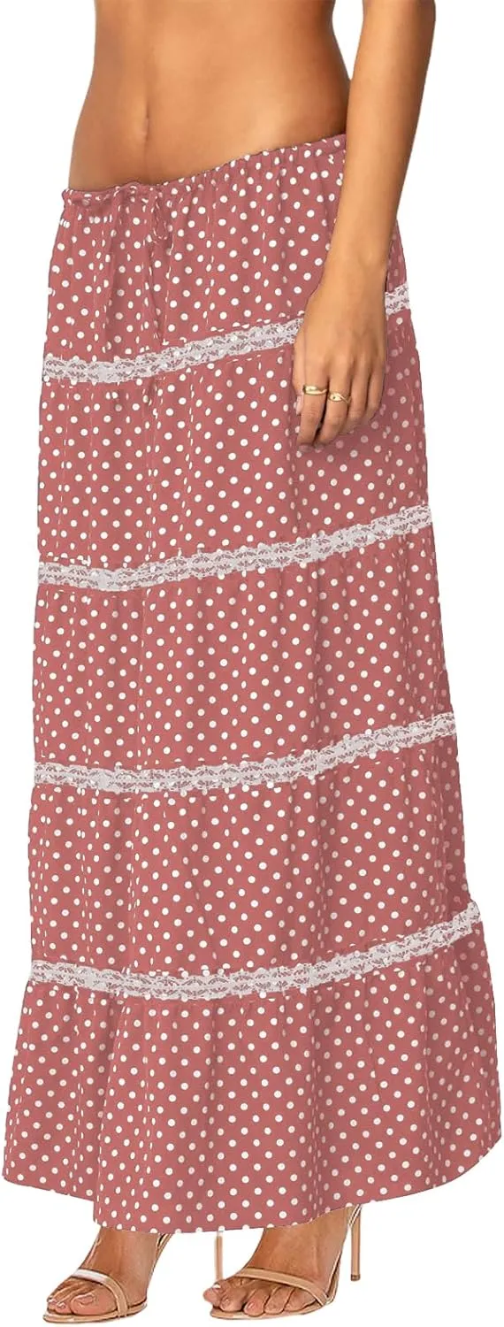 Women's Elastic High Waist Flowy Long Maxi Skirt Lace Crochet Summer Print Pleated Tiered Skirts