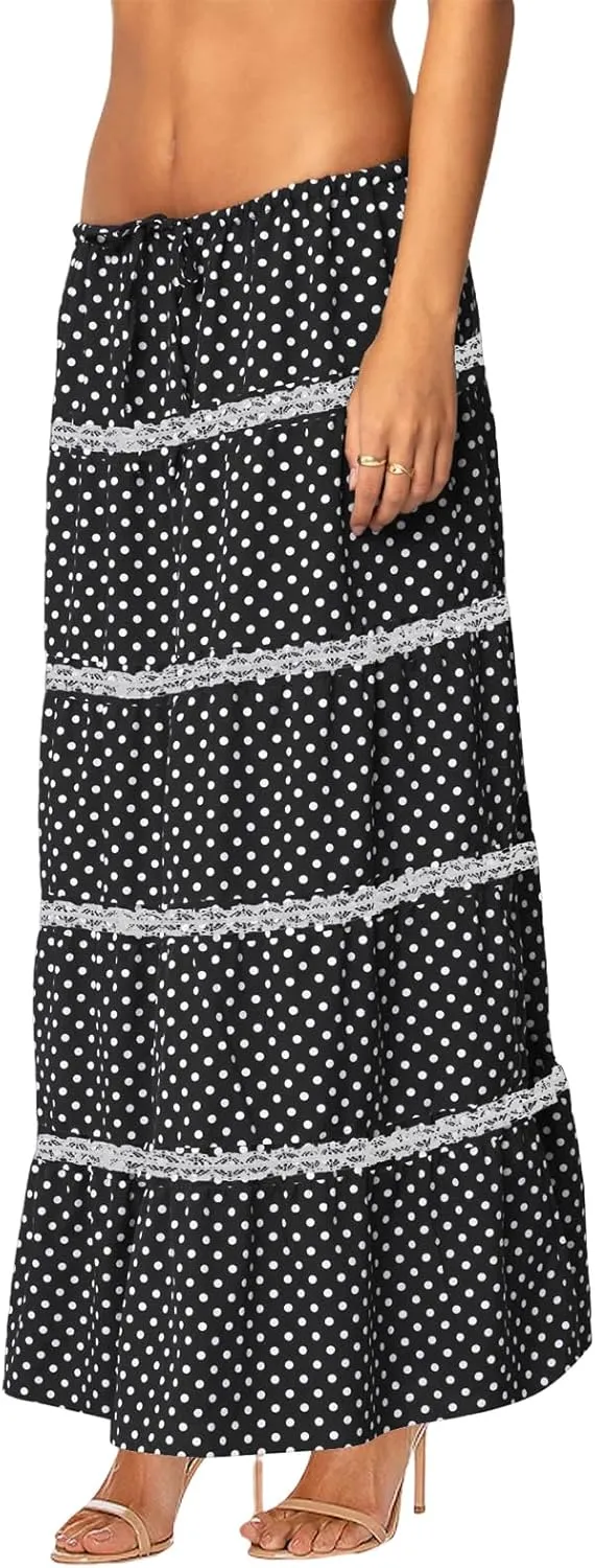 Women's Elastic High Waist Flowy Long Maxi Skirt Lace Crochet Summer Print Pleated Tiered Skirts