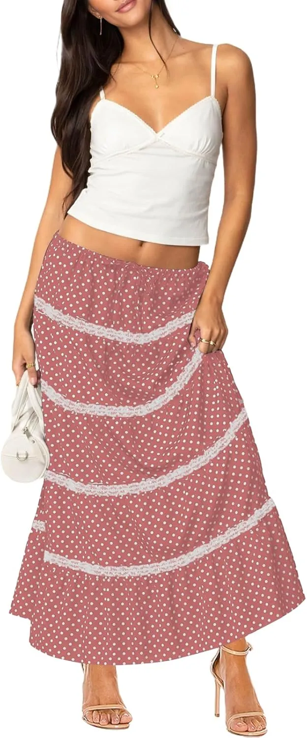 Women's Elastic High Waist Flowy Long Maxi Skirt Lace Crochet Summer Print Pleated Tiered Skirts