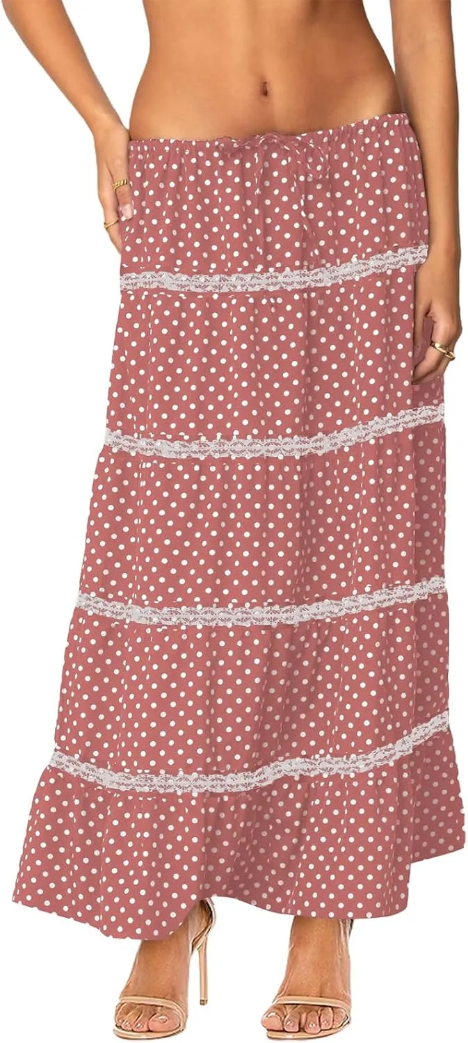 Women's Elastic High Waist Flowy Long Maxi Skirt Lace Crochet Summer Print Pleated Tiered Skirts