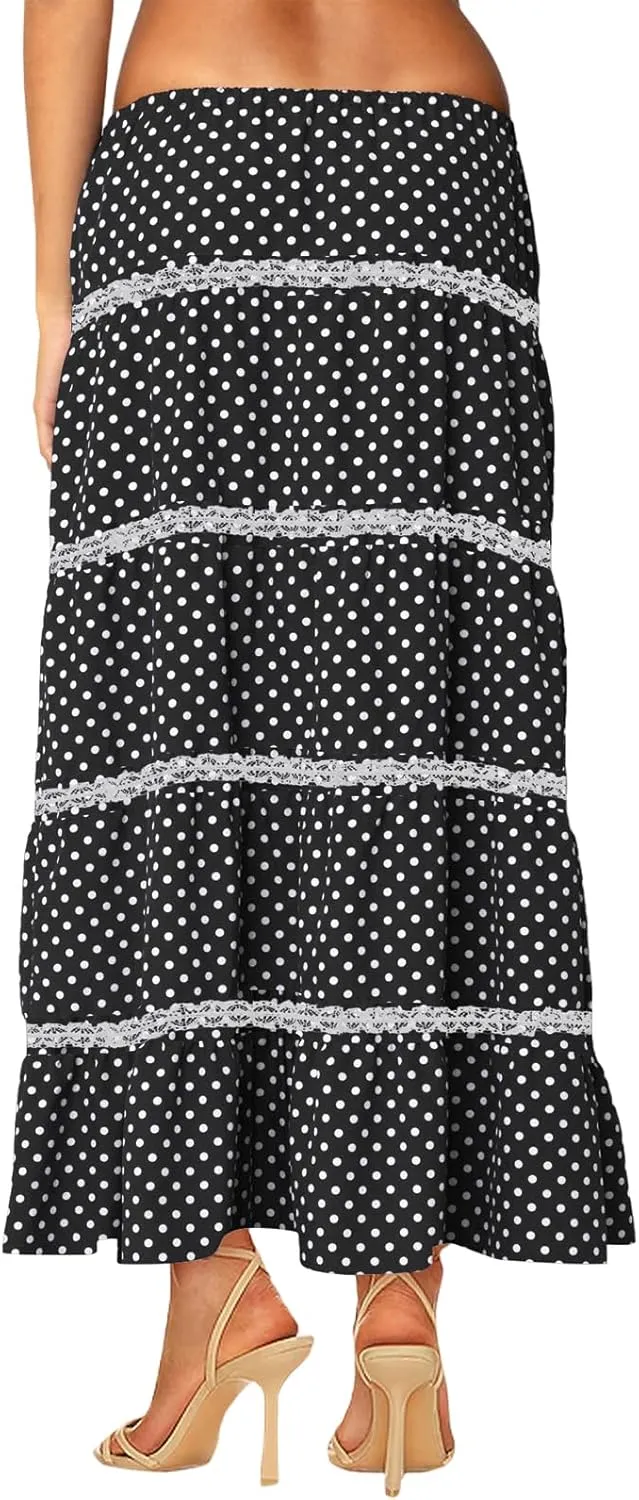 Women's Elastic High Waist Flowy Long Maxi Skirt Lace Crochet Summer Print Pleated Tiered Skirts