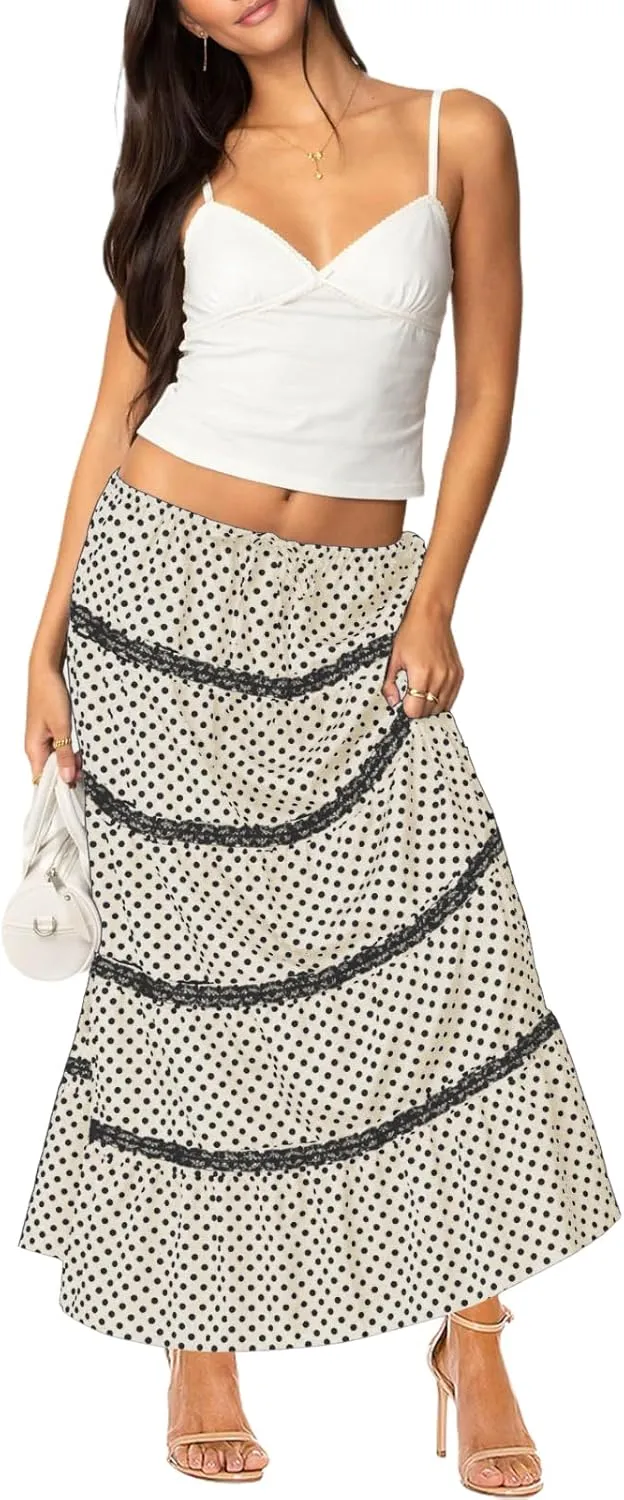 Women's Elastic High Waist Flowy Long Maxi Skirt Lace Crochet Summer Print Pleated Tiered Skirts