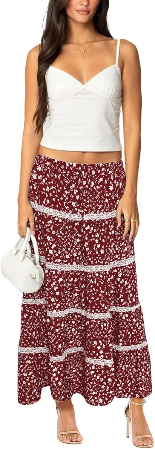 Women's Elastic High Waist Flowy Long Maxi Skirt Lace Crochet Summer Print Pleated Tiered Skirts