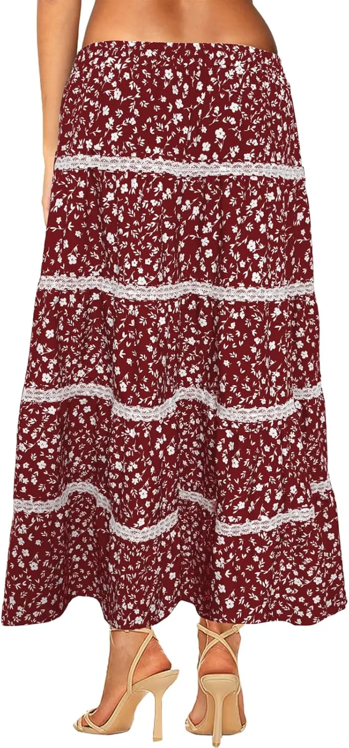 Women's Elastic High Waist Flowy Long Maxi Skirt Lace Crochet Summer Print Pleated Tiered Skirts