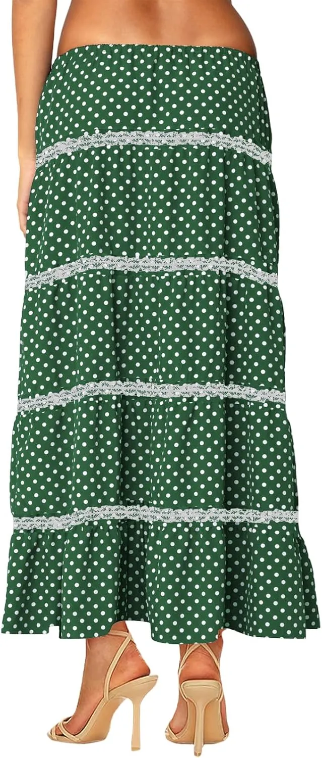 Women's Elastic High Waist Flowy Long Maxi Skirt Lace Crochet Summer Print Pleated Tiered Skirts