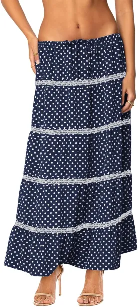 Women's Elastic High Waist Flowy Long Maxi Skirt Lace Crochet Summer Print Pleated Tiered Skirts