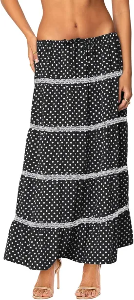 Women's Elastic High Waist Flowy Long Maxi Skirt Lace Crochet Summer Print Pleated Tiered Skirts