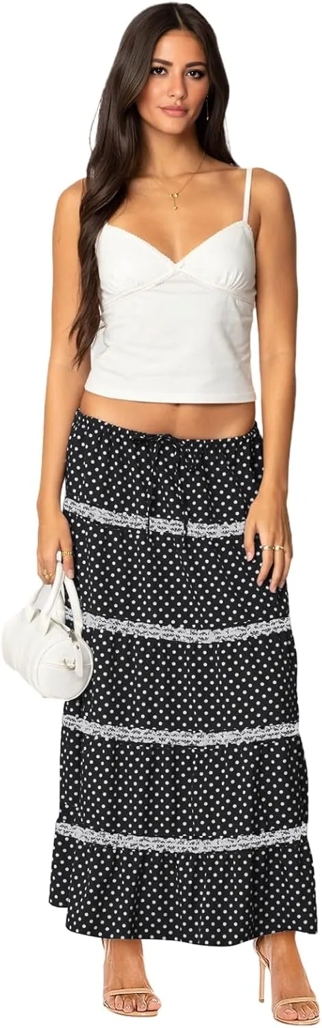 Women's Elastic High Waist Flowy Long Maxi Skirt Lace Crochet Summer Print Pleated Tiered Skirts