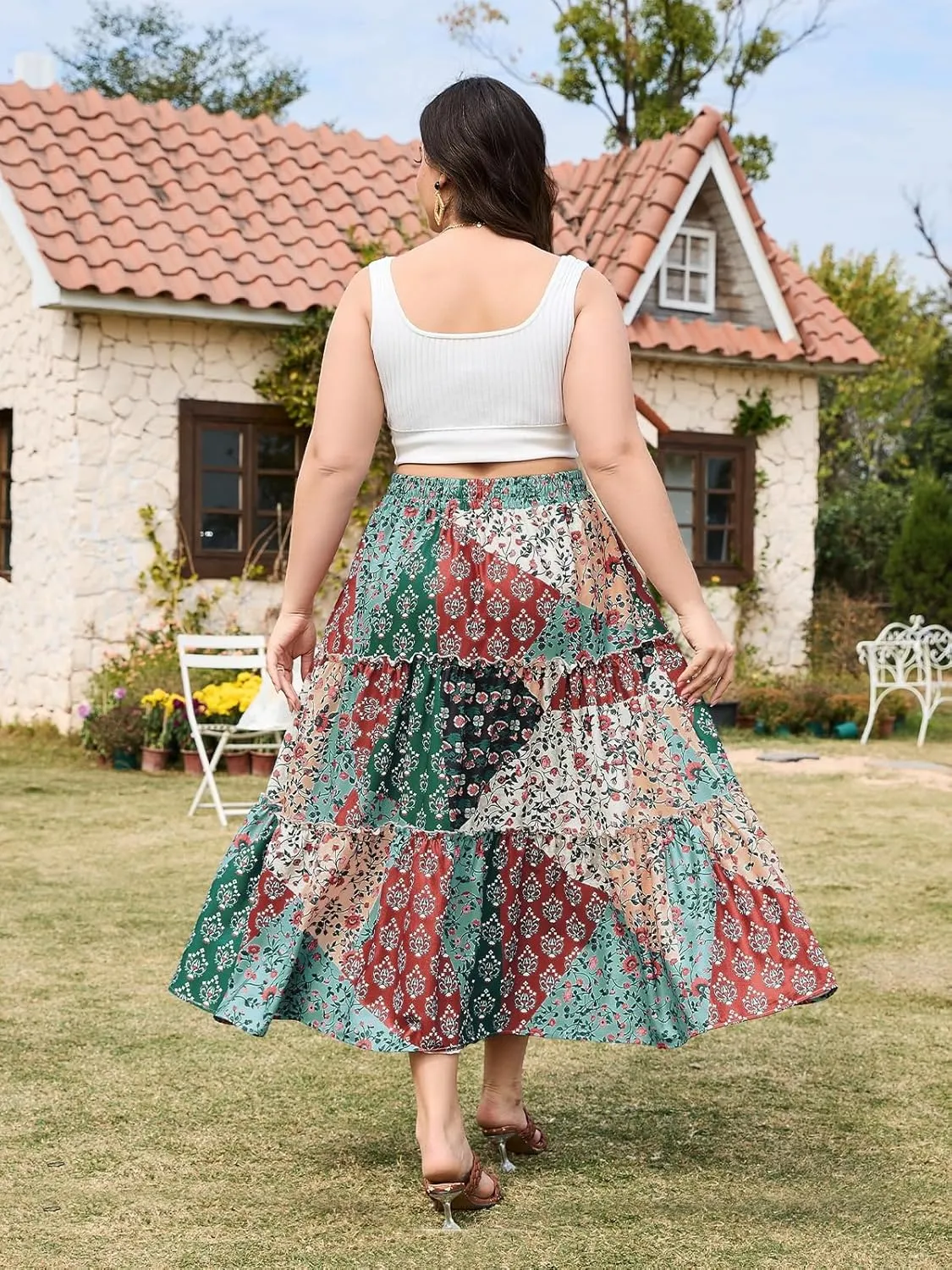 Womens Plus Size Boho Maxi Skirt Floral Tiered Long Flowy Maxi Skirt with Pockets High Waisted Summer Beach Skirt