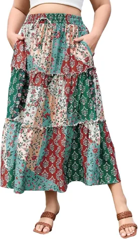 Womens Plus Size Boho Maxi Skirt Floral Tiered Long Flowy Maxi Skirt with Pockets High Waisted Summer Beach Skirt